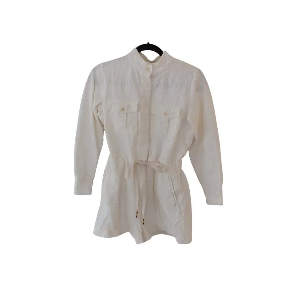 J Crew White/Off White Embroidered Long Sleeve Romper Beaded Drawstring 2